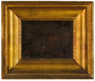 LEONARD BRAMER: (Delft, 1596 - 1674) Attraversamento del Mar Rosso Olio su lavagna, cm 20X25 Il dipinto esibisce una cifra stilistica d'ascendenza nordica, ispirata da Adam Elsheimer e dai primi caravaggeschi. Le fig