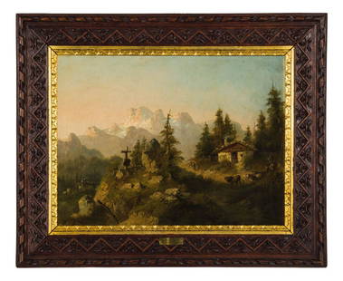 ALEXANDRE CALAME: Vevey (Svizzera) 1810 - Mentone 1864 Paesaggio alpino Firmato A Calame in basso a sinistra Olio su tela, cm 45X61 La natura dei boschi, le valli alpine, gli alberi e i laghi sono certamente il soggett