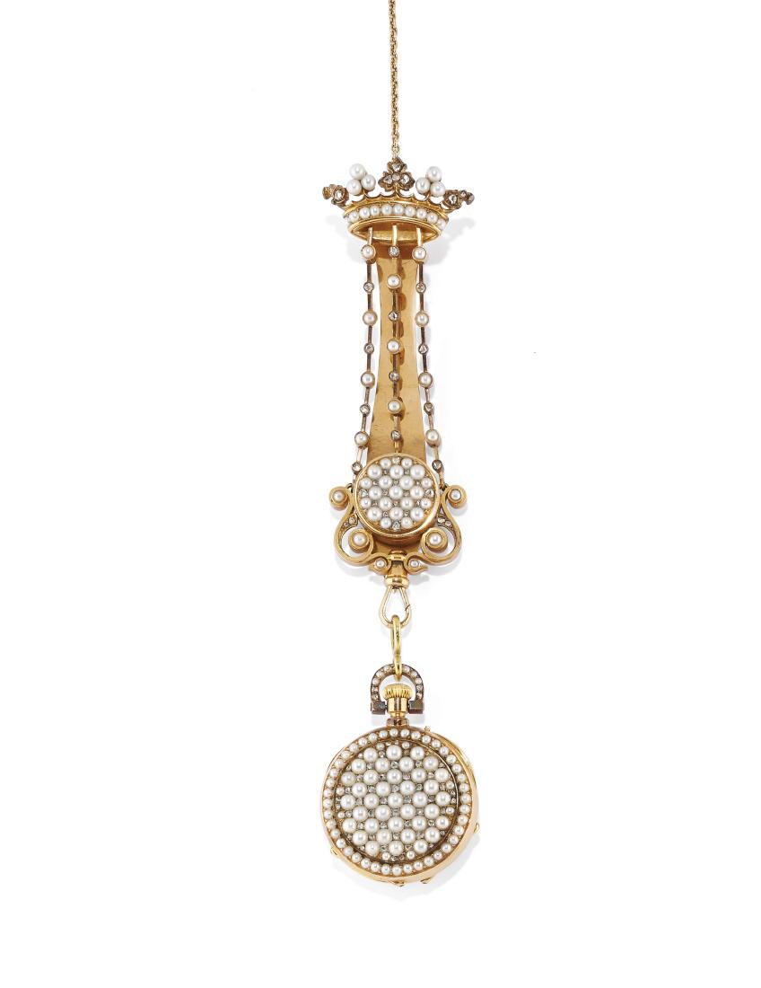 CHATELAINE IN ORO, MEZZE PERLE E DIAMANTI, FIRMATO (1 of 1)