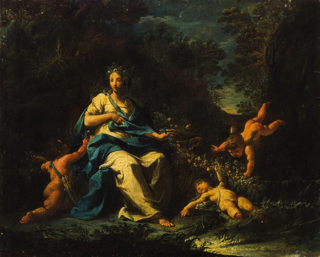 PITTORE VENETO DEL XVIII SECOLO: Flora Olio su tela, cm 25X32,5 Di inequivocabile gusto veneto e databile al XVIII secolo, il dipinto in esame si riconosce al pittore Gaspare Diziani. L'artista nasce a Belluno il 24 novembre 1689 e f