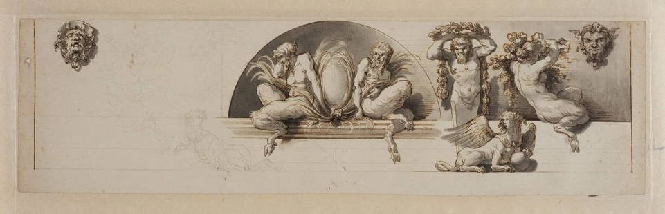 GIUSEPPE CADES: (Roma, 1750 - 1799) Studio di decorazione ad affresco China su carta, cm 11X38 Giuseppe Cades si formò a Roma all'Accademia di San Luca e ricevette le sue prime e importanti commissioni all'inizio