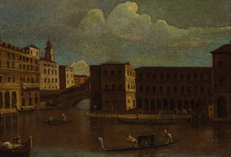 FRANCESCO TIRONI: (Venezia, circa 1745 - 1797) Il Canal Grande con il ponte di Rialto, il Palazzo dei Camerlenghi e le fabbriche vecchie Olio su tela, cm 46X66 Nel corso del XVIII secolo, oltre ai maestri celebri, oper