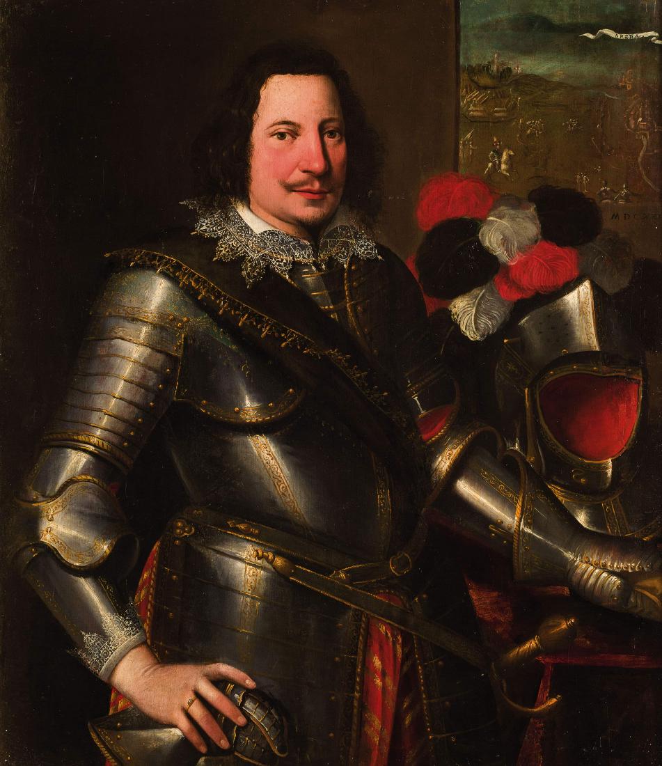 BERNARDO CASTELLO: (Genova, 1557 - 1629) Ritratto di Diego MexÃ­a FelÃ­pez de GuzmÃ¡n y DÃ¡vila , visconte di Butarque e primo marchese di LeganÃ©s Inscritto e datato in alto a sinistra: 'Breda MCDXXIIII' (162