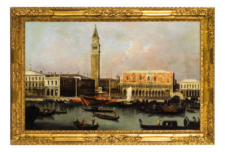 PITTORE DEL XVIII - XIX SECOLO: Veduta di Venezia Olio su tela, cm 60X96 L’opera è corredata della scheda critica di Dario Succi Il dipinto in esame potrebbe attribuirsi a Vincenzo Chilone. Nato a Venezia nel 1758, sin dalle sue