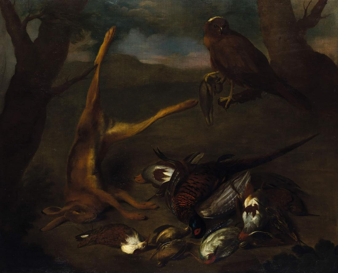 ANGELO MARIA CRIVELLI detto IL CRIVELLONE: (Milano, notizie dal 1662 - 1730 circa) Natura morta con cacciagione Olio su tela, cm 101X127 Attivo a Milano come pittore di genere e documentato dal 1662 al 1730, Crivelli si specializzÃ² nella ra