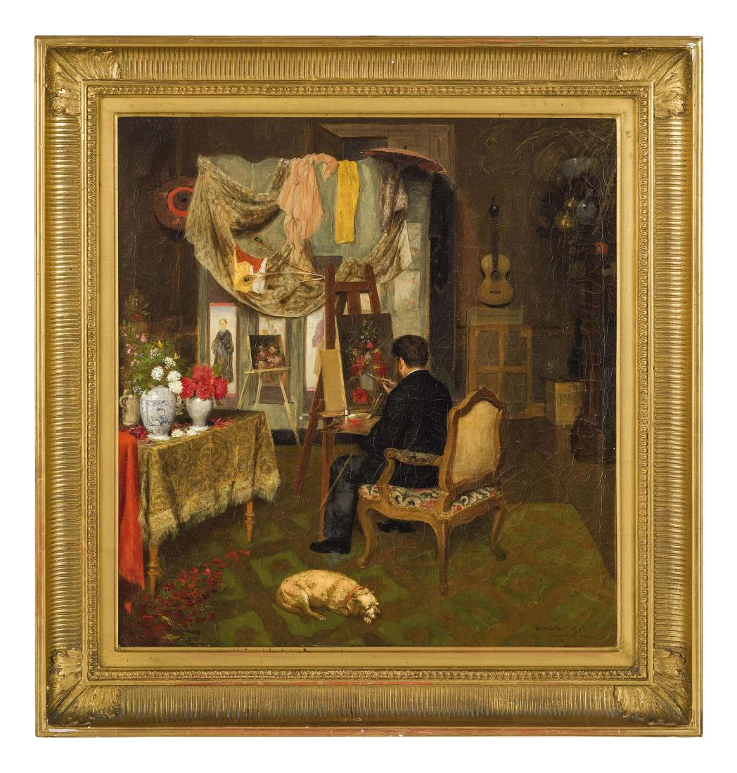 PITTORE DEL XIX SECOLO: Frederic Bazille nel suo atelier Firmato D Pieters, Bazille 1883 in basso a destra Olio su tela, cm 58X54