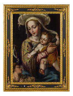 PITTORE SPAGNOLO DEL XVI-XVII SECOLO: Madonna con il Bambino Olio su tavola, cm 94X67 Provenienza: Londra, Bonhams, 4 luglio 2012, lotto 52 (come seguace di Luis de Morales) Realizzato su tavola, il dipinto raffigura la Madonna con il Bam