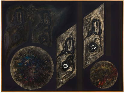 JORGE PIQUERAS: Lima 1925 Reloj de luna, 1960 Olio e tecnica mista su tela, cm 97 x 130 Firmato, datato e titolato sul retro Provenienza: Galleria Lorenzelli, Bergamo Esposizioni: XXX Biennale Internazionale d'Arte d