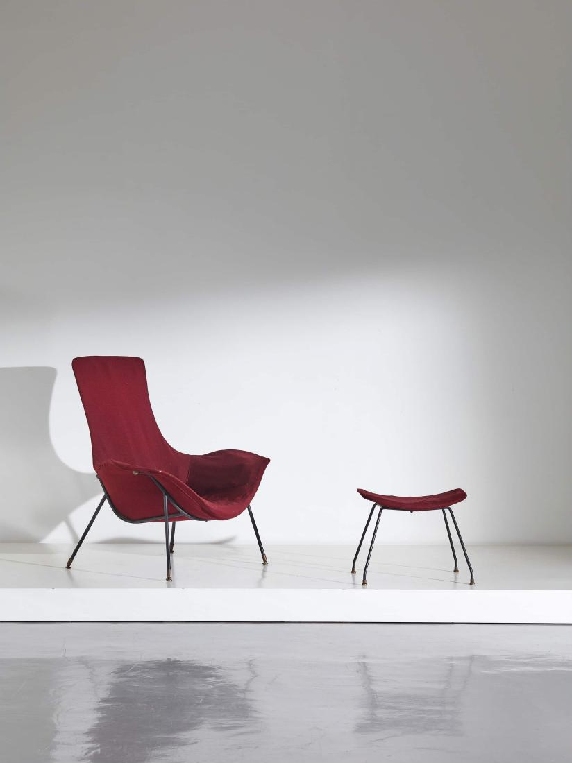 AUGUSTO BOZZI 2: Poltrona e ottoman mod. Lord. Tondino di ferro smaltato, ottone, compensato curvato, tessuto imbottito. Prod. Saporiti 1958 ca. Poltrona cm 100x92,5x90 Ottoman cm 40x48x40 Catalogo di produzione Sapor