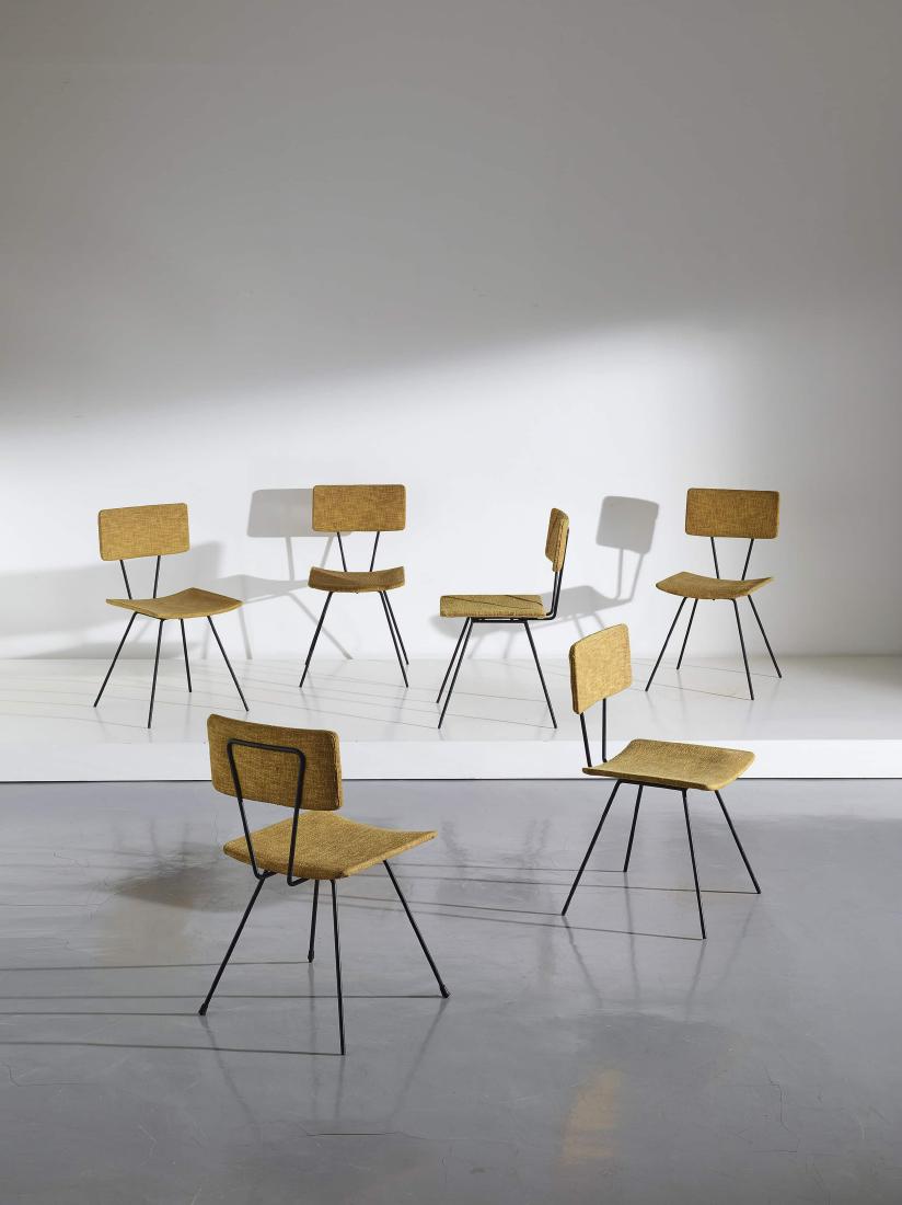 AUGUSTO BOZZI 6: Sei sedie. Tondino di ferro smaltato, compensato curvato, feltro imbottito. Prod. Saporiti, anni '50. Decalcomania del produttore. cm 80x42x47 SIX CHAIRS BY AUGUSTO BOZZI