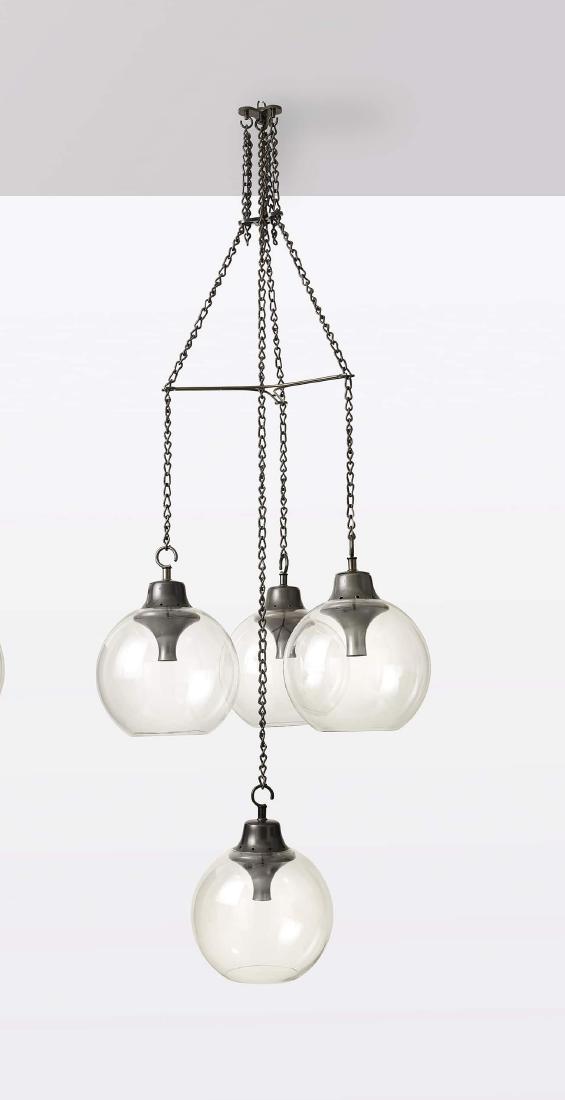 LUIGI CACCIA DOMINIONI: Lampadario mod. LS10. Acciaio smaltato, ottone brunito, vetro trasparente. Produzione Azucena, 1967 ca. cm 250x90 M. Imparato, F. Radaelli, S. Milesi, Azucena, Milano 2012, p. 220 A CELING LAMPO BY L.