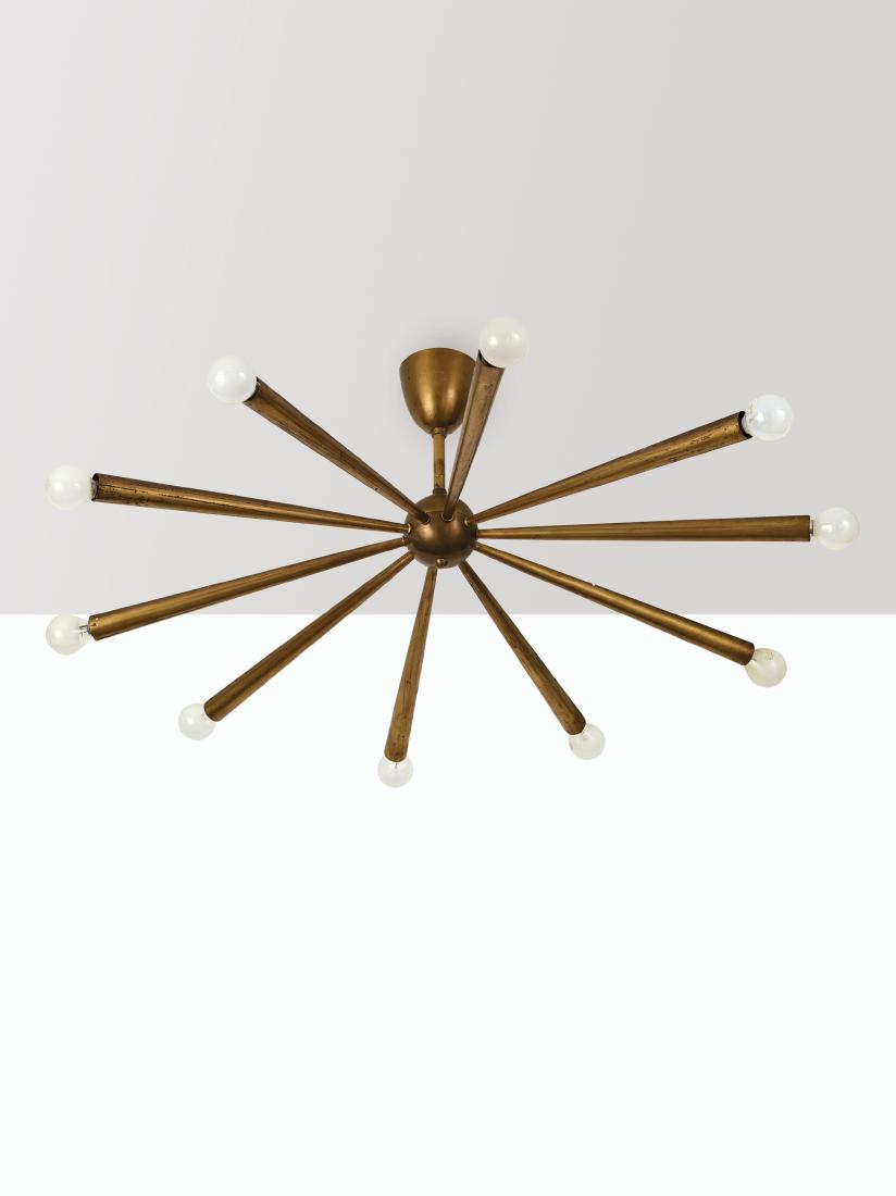 MANIFATTURA ITALIANA: Lampada a sospensione. Ottone. Italia anni '50. cm 30x90 AN TALIAN CEILING LIGHT ossidazioni all'ottone