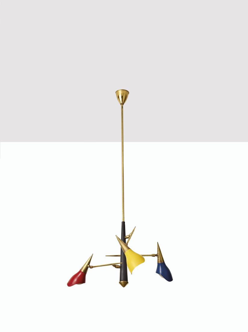 MANIFATTURA ITALIANA: Lampada a sospensionie. Ottone, alluminio smaltato. Italia anni '50. cm 57x50 AN ITALIAN CEILING LAMP