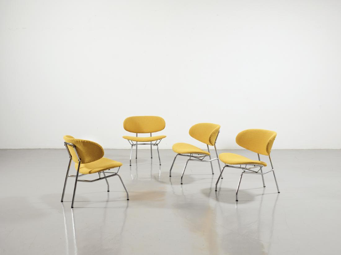 RINO VERNUCCIO 4: Quattro sedie. Tubolare metallico cromato, tessuto imbottito. Produzione Poltronova 1958 ca. cm 63x60x53 catalogo Poltronova p.137 FOUR CHAIRS BY R. VERNUCCIO