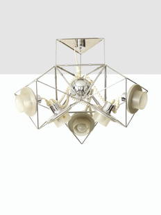 FELICE RAGAZZO: Lampada a sospensione mod. Poliedra. Tondino metallico cromato, materiale plastico. Produzione Harvey Guzzini 1970 ca. cm 70x80 Forme 29, giugno 1970, p. 29; Domus 496 marzo 1971, rassegna; Domus 503