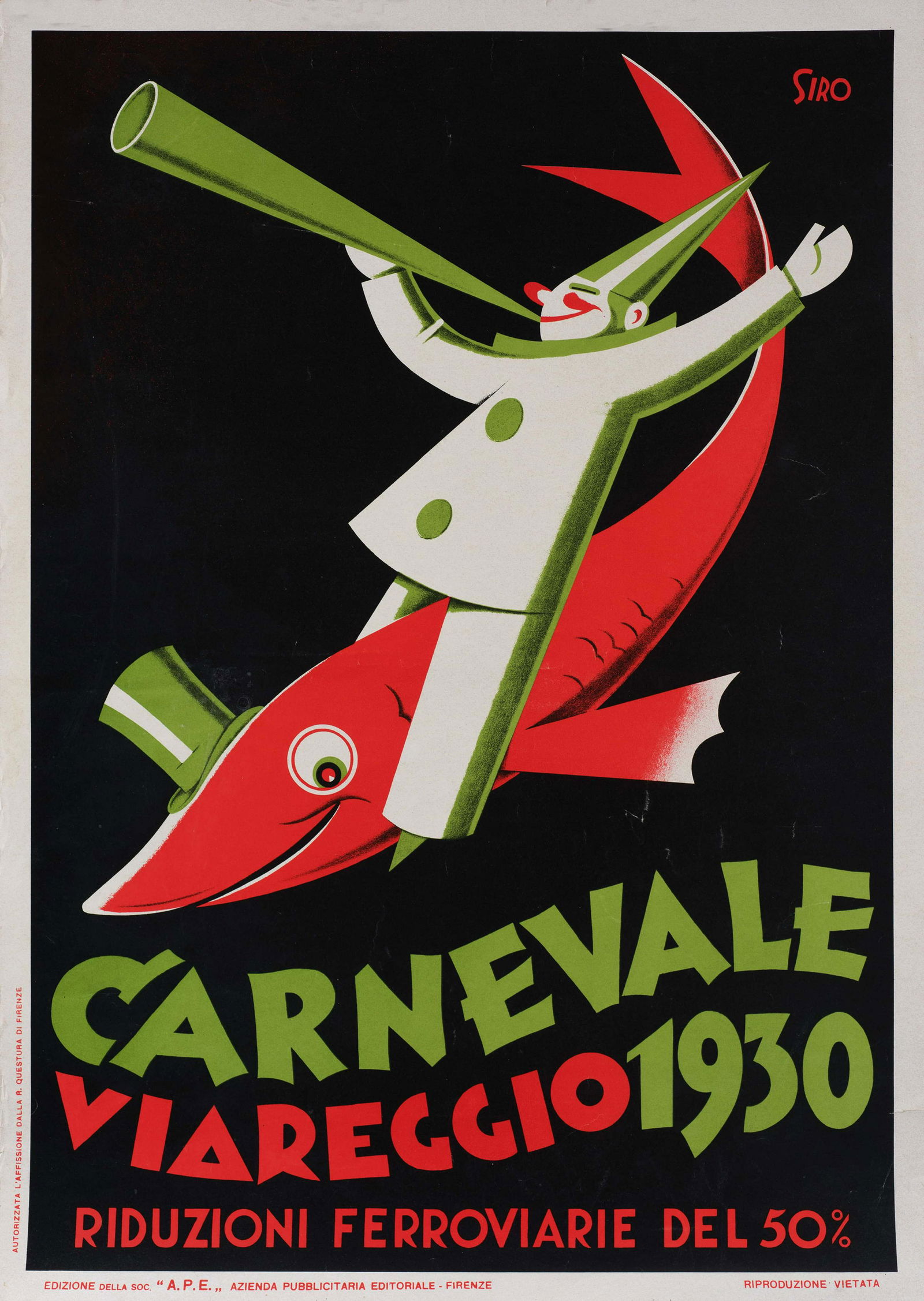 4 MANIFESTI: 'Carnevale di Viareggio, di Lucio Venna', 1926, cm 70 x 50 'Carnevale di Viareggio, di Virginio Bianchi', 1927, cm 70 x 50 'Carnevale di Viareggio, di Siro', 1930, cm 70 x 50 'Carnevale di Viareggio,