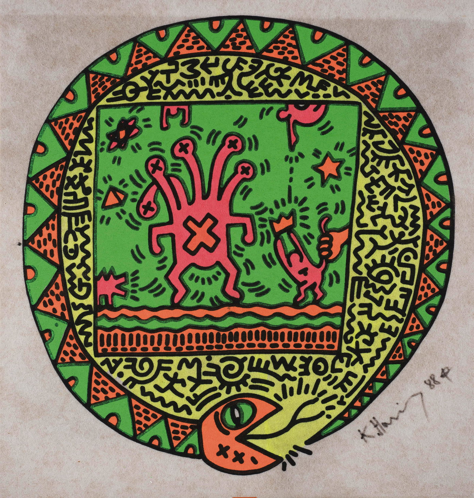 KEITH HARING: 1958 - 1990 Serigrafia a colori su tessuto, 1988, cm 46 x 49 Firmato
