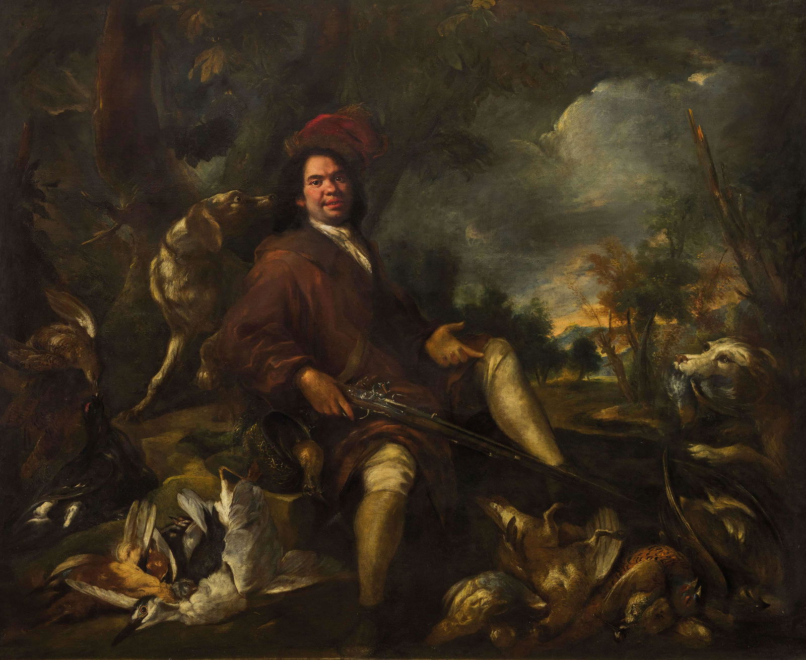 VITTORE GHISLANDI, DETTO FRA GALGARIO: (Bergamo, 1655 - 1743) ANGELO MARIA CRIVELLI DETTO CRIVELLONE (Milano, notizie dal 1662-1730 ca.) Ritratto di cacciatore con selvaggina e cani in un paesaggio Olio su tela, cm 192X231,5 Provenienza: M