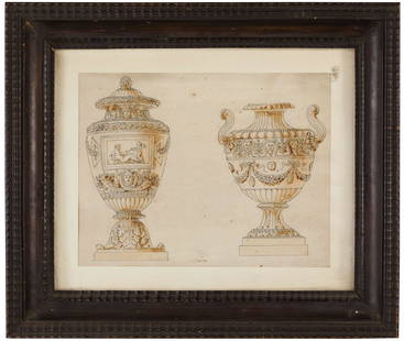 GIUSEPPE CADES (attr. a): (Roma, 1750 - 1799) Progetto per le anfore Tecnica mista su carta, cm 28,5X22 Giuseppe Cades si formò a Roma all'Accademia di San Luca e ricevette le sue prime e importanti commissioni all'inizio d