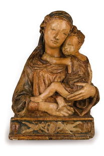 SCULTURA IN STUCCO POLICROMO, TOSCANA XV SECOLO: Madonna con Bambino, prossima alla bottega di Lorenzo Ghiberti (Firenze, 1378 - ivi, 1455)- usure, rotture, cadute e riprese nella decorazione, restauri, mancanze e sbeccature Alt. cm 71,5, larg. cm 5