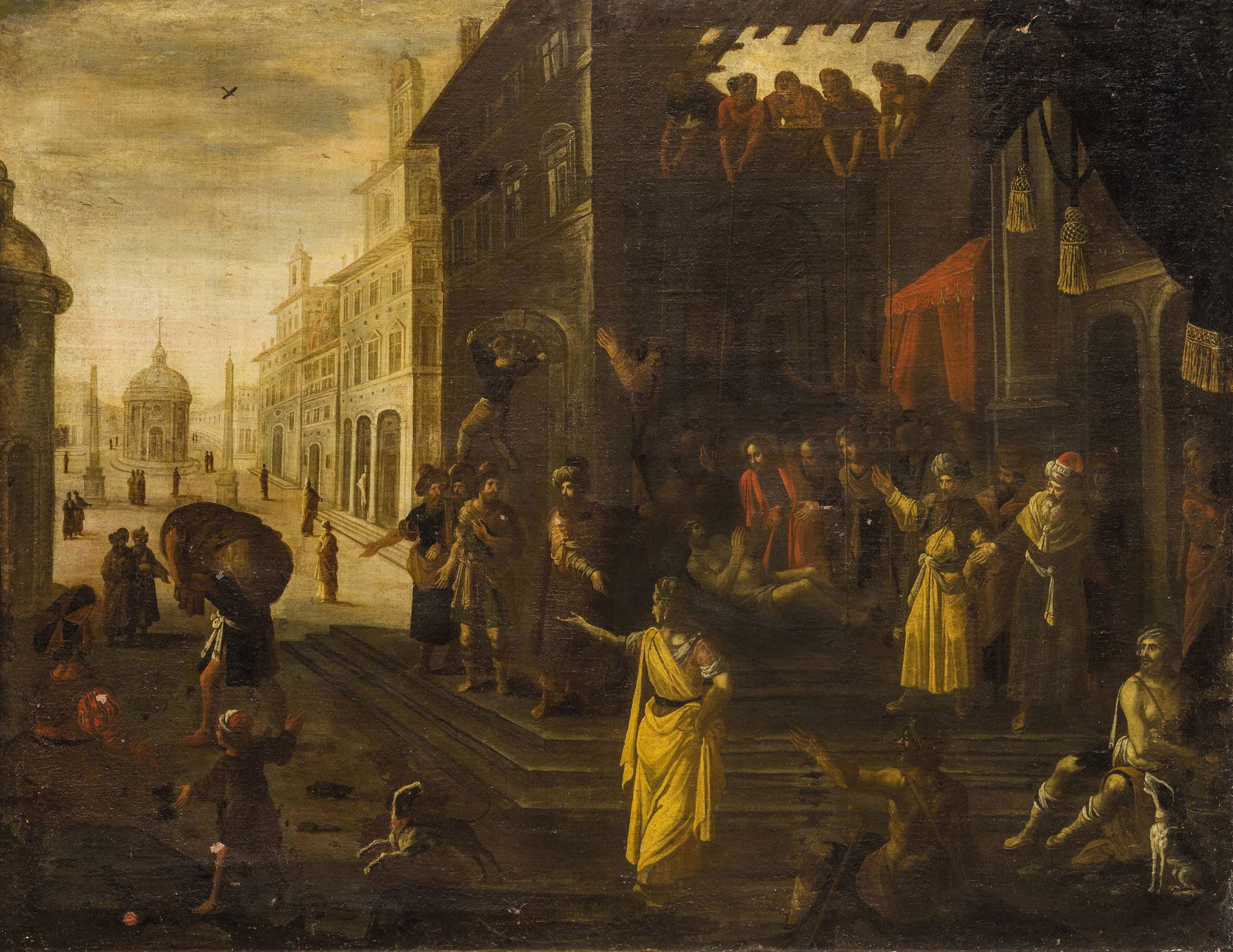 PITTORE NAPOLETANO DEL XVII SECOLO: Il miracolo del paralitico Olio su tela, cm 148X194 GiÃ attribuito a Belisario Corenzio (Arcadia, 1558 - Napoli, 1640), il dipinto Ã© da riferire comunque ad un artista di scuola napoletana attiv