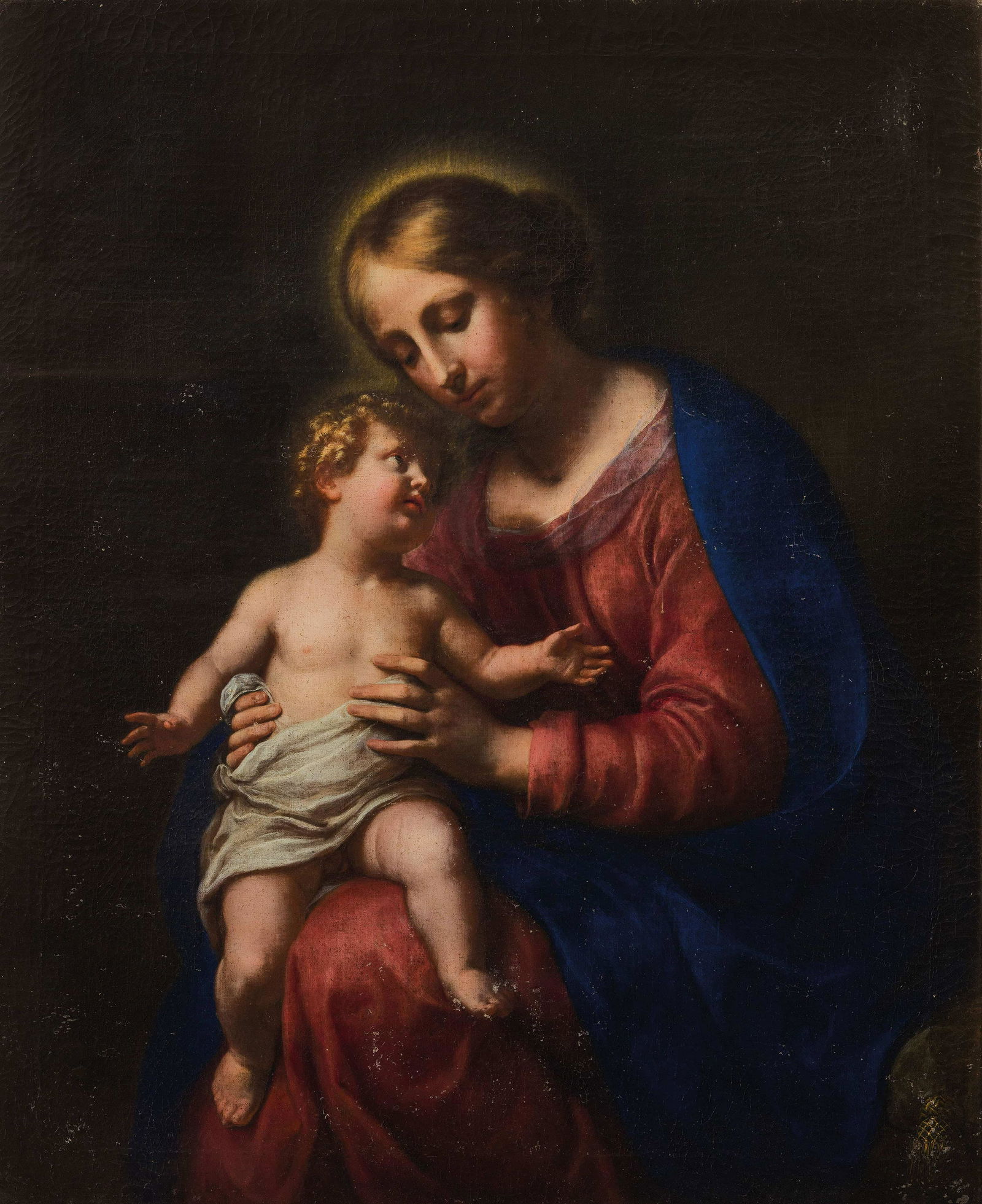 ONORIO MARINARI: (Firenze, 1627 - 1715) Madonna col Bambino Olio su tela, cm 119X97 Riconosciuto a Onorio Marinari da Francesca Baldassari, la studiosa colloca l'esecuzione del dipinto alla fine del nono decennio, in
