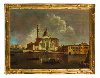 FRANCESCO TIRONI (attr. a): (Venezia, circa 1745 - 1797) Coppia di vedute veneziane Olio su tela, cm 72,5X96 (2) Nel corso del XVIII secolo, oltre ai maestri celebri, operarono a Venezia artisti che si cimentavano con successo a