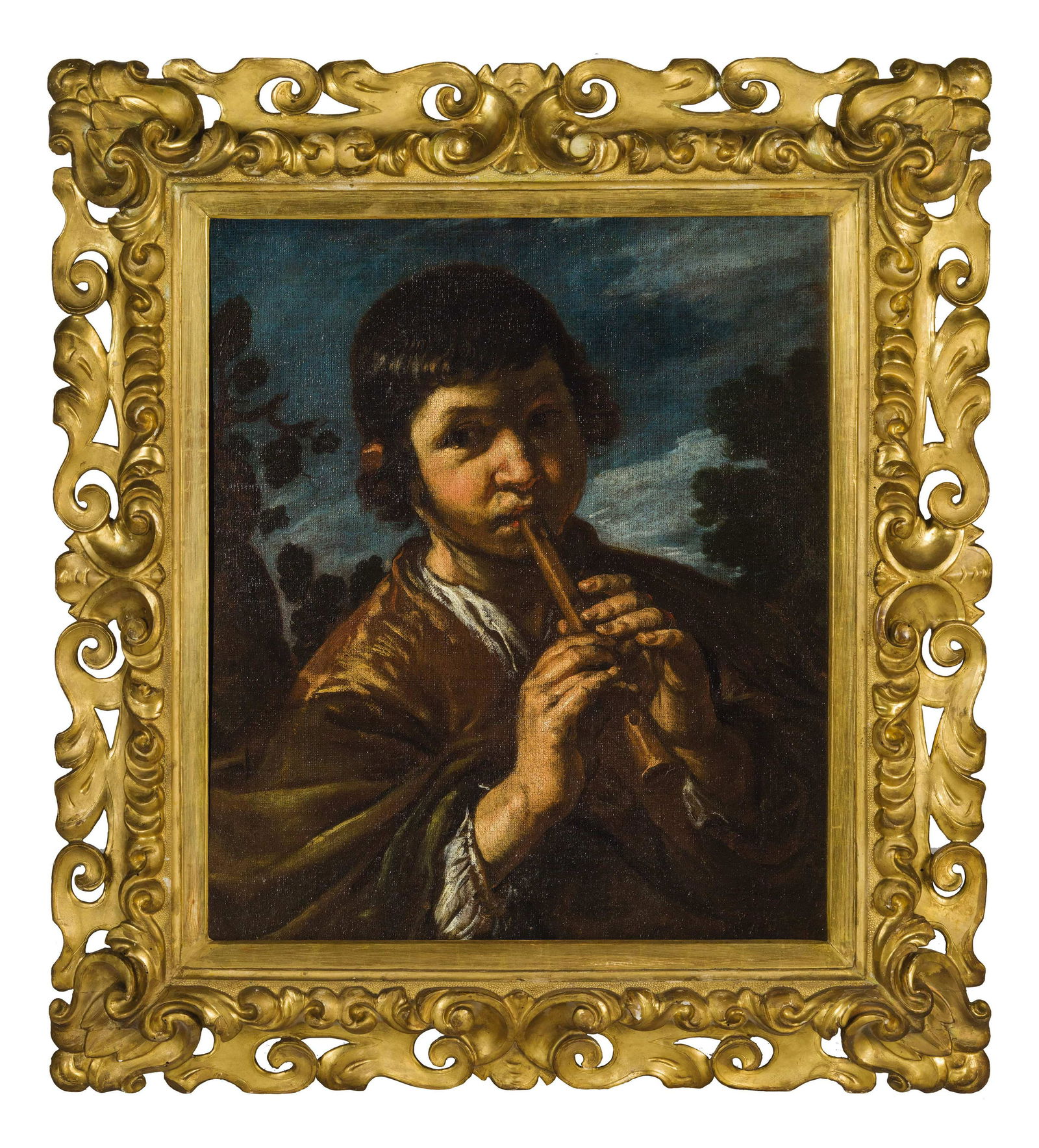 PITTORE ATTIVO A ROMA NEL XVII SECOLO: Ragazzo che suona il piffero Olio su tela, cm 71X58 Il dipinto esibisce interessanti aspetti qualitativi che suggeriscono l'attribuzione a Pier Francesco Mola (Coldrerio, 1612 - Roma, 1666), in virtÃ