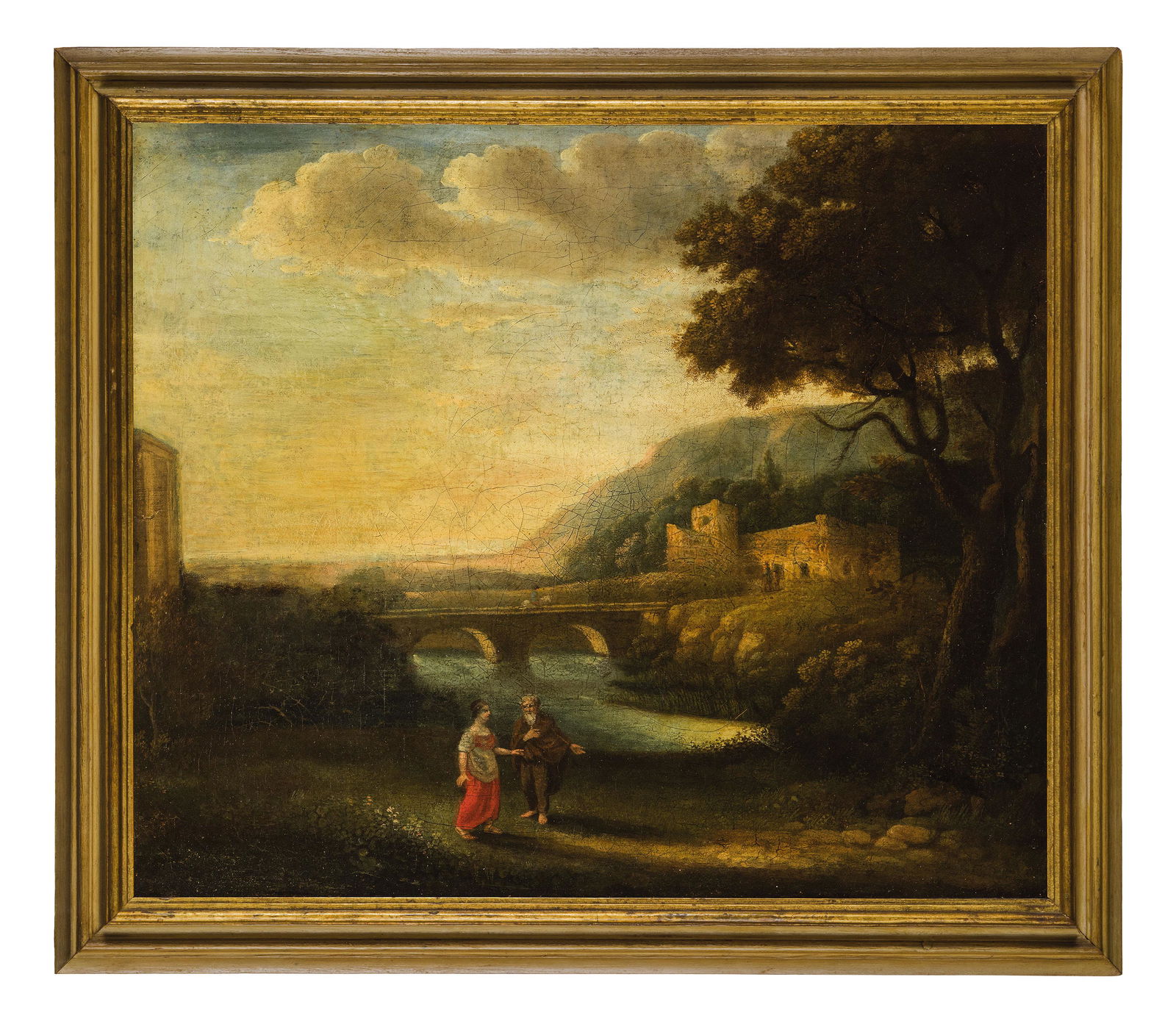 PITTORE ATTIVO A ROMA NEL XVIII SECOLO: Paesaggio della campagna romana con viandanti Olio su tela cm 70X75 Il dipinto si ascrive ad un pittore influenzato da Carlo Labruzzi (Roma, 1747 - Perugia, 1817). L'immagine descrive uno scorcio dell