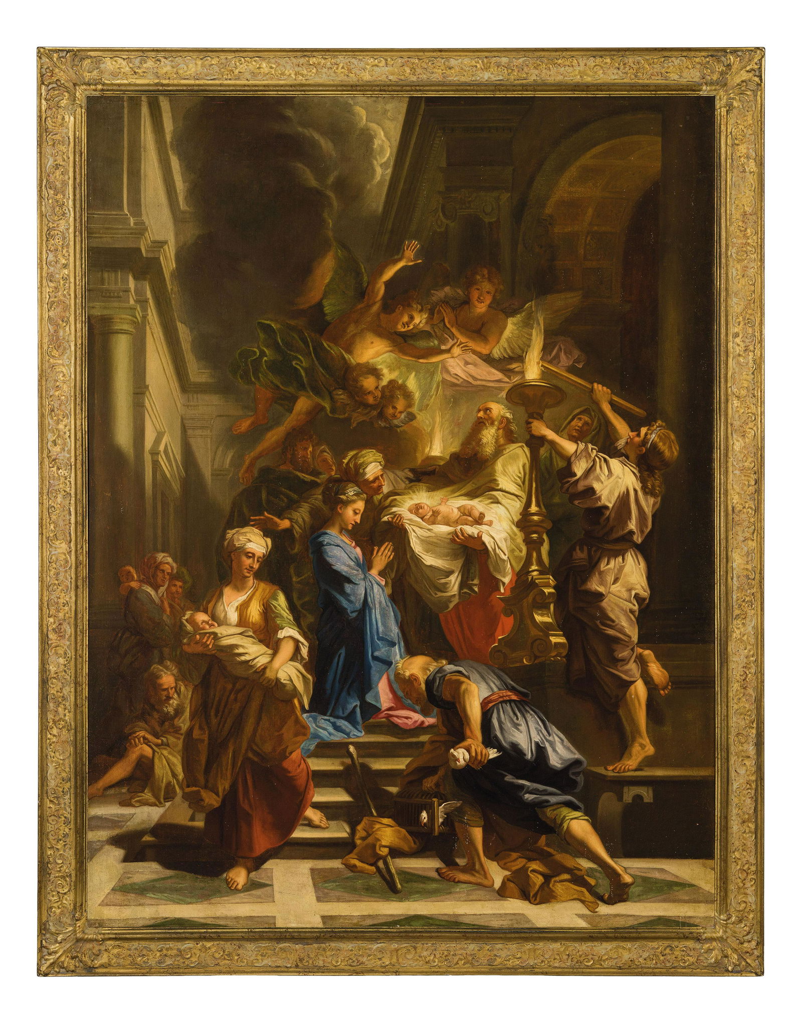 JEAN BAPTISTE JOUVENET (attr. a): (Rouen, 1644 - Parigi, 1717) Presentazione di GesÃ¹ al tempio Olio su tela, cm 128X97 Il dipinto, pur interessato da una vernice ossidata, presenta una stesura di qualitÃ e buone condizioni di co