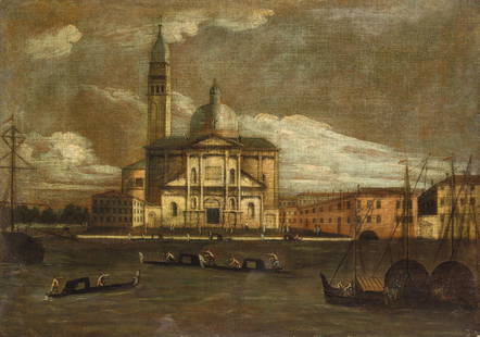 FRANCESCO TIRONI (attr. a): (Venezia, 1745 circa - 1797) Veduta dell'isola di San Giorgio Piazza San Marco Olio su tela, cm 69X97 (2) Nel corso del XVIII secolo, oltre ai maestri celebri, operarono a Venezia artisti che si cimen