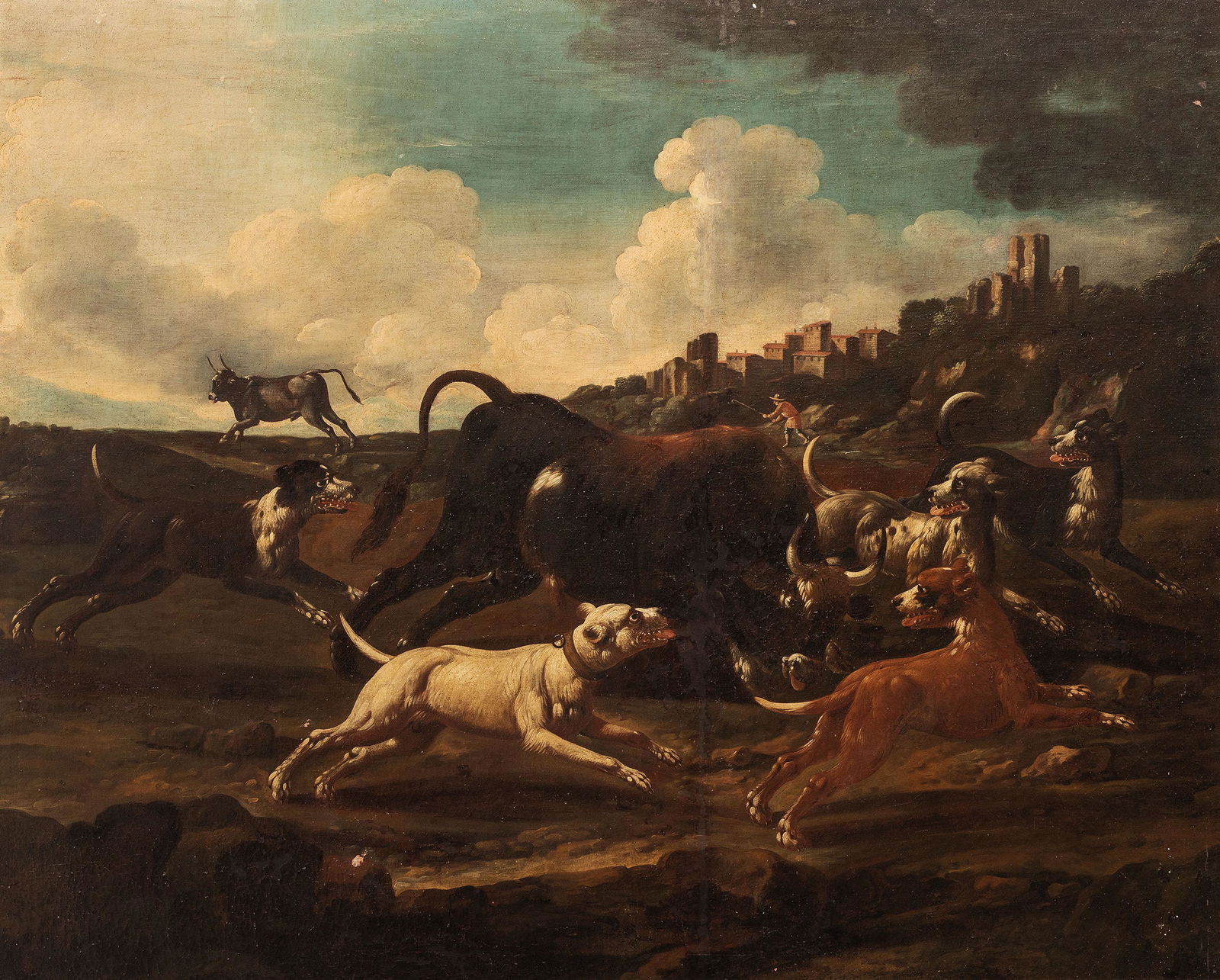 PHILIPP PETER ROOS detto ROSA DA TIVOLI: (Francoforte sul Meno, 1655 - Tivoli, 1706) Cani che accerchiano un toro Olio su tela, cm 120X153 Figlio del pittore Johann Heinrich Roos, Philipp Peter Roos, conosciuto anche come Rosa da Tivoli, giu