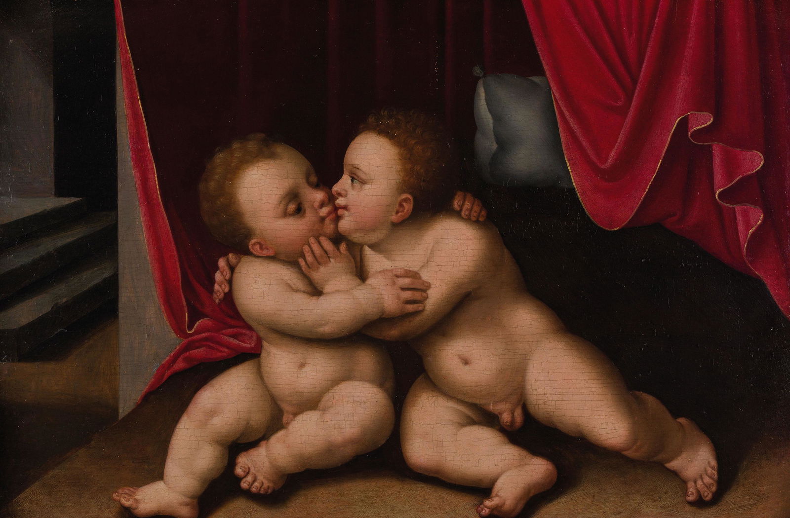 JOOS VAN CLEVE (cerchia di): (Cleves, 1485 - Anversa, 1540) GesÃ¹ Bambino abbraccia San Giovannino Olio su tavola, cm 25X38 Ãˆ il testo apocrifo dello Pseudo Bonaventura scritto nel XVI secolo a ispirare l'iconografia del Ges