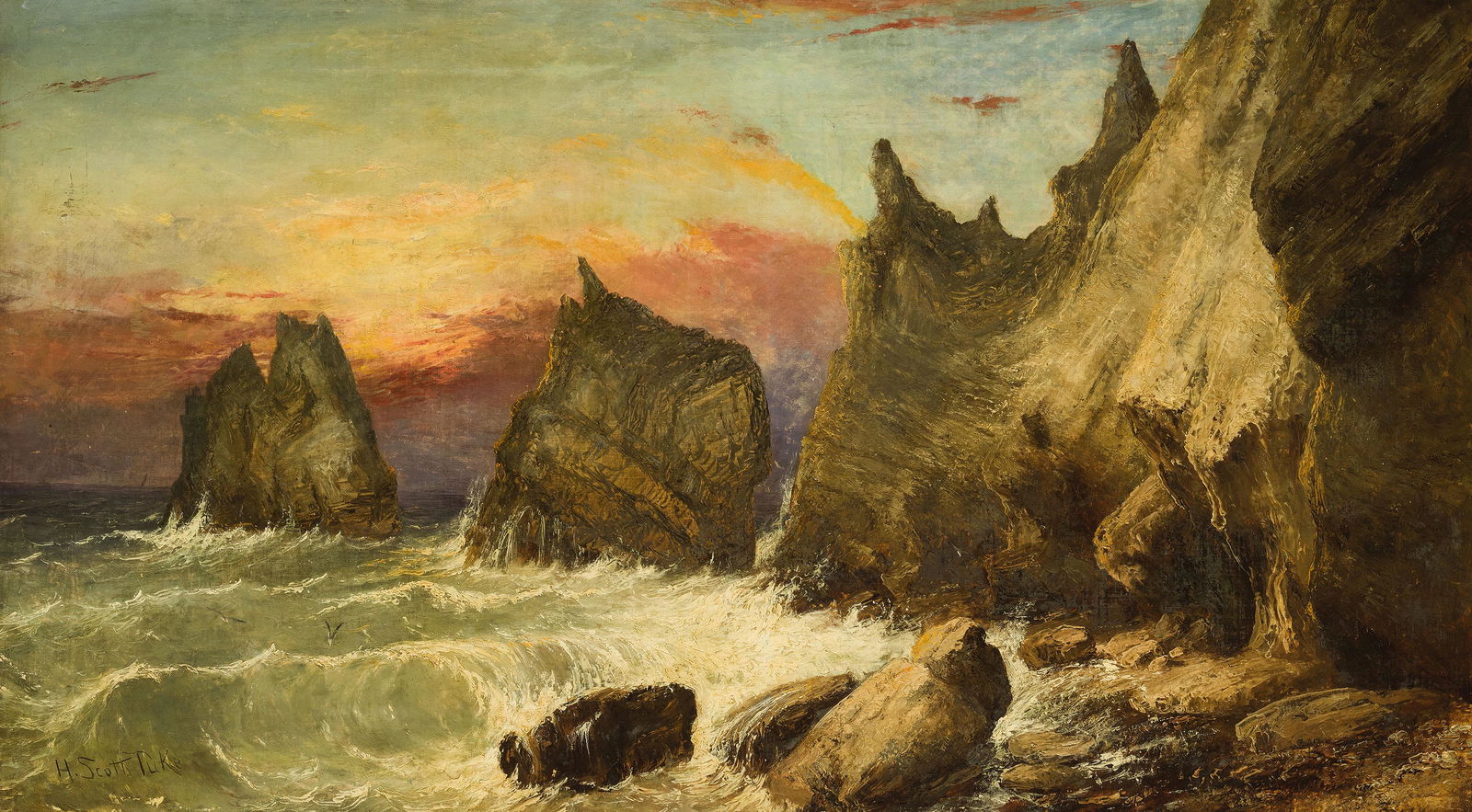 PITTORE INGLESE DEL XIX - XX SECOLO: Marina Firmato H. Scott Tuke in basso a sinistra (Henry Scott Tuke, York, 1858 - Falmouth, 1929) Olio su tela, cm 69X125 Con uno stile improntato all'impressionismo, Henry Scott Ã¨ certamente conosc