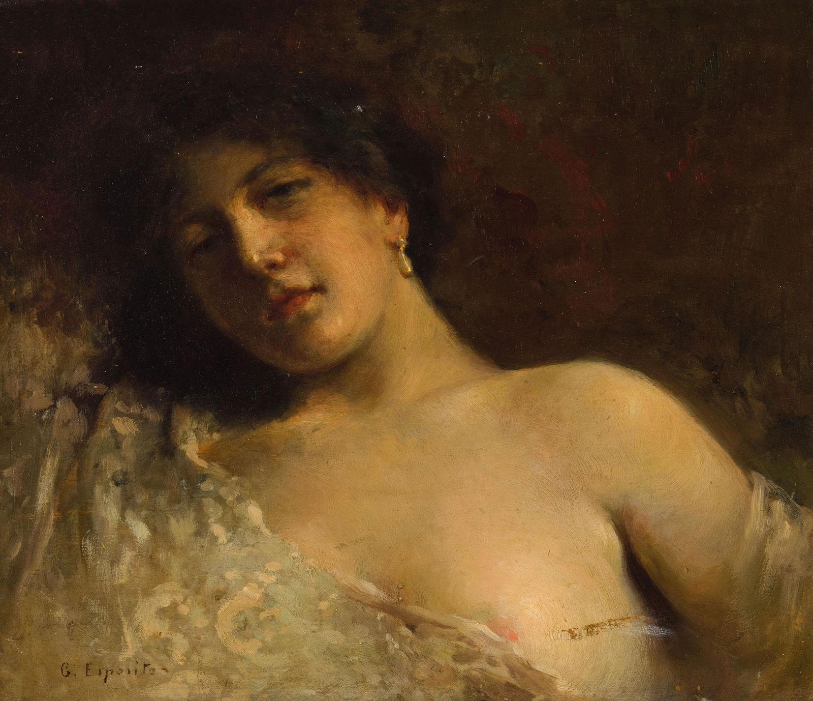 GAETANO ESPOSITO: Salerno, 1858 - Sala Consilina, 1911 Seduzione Firmato G Esposito in basso a sinistra Olio su tavola, cm 26X29