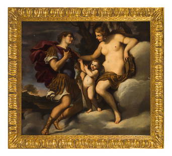 ALESSANDRO TURCHI detto L'ORBETTO (attr. a): (Verona, 1578 - Roma, 1649) Venere, Marte e Cupido Olio su tela, cm 97X111 Il dipinto reca un'attribuzione ad Alessandro Turchi detto l'Orbetto (Verona, 1578 - Roma, 1649); si colgono stilemi d'ascend