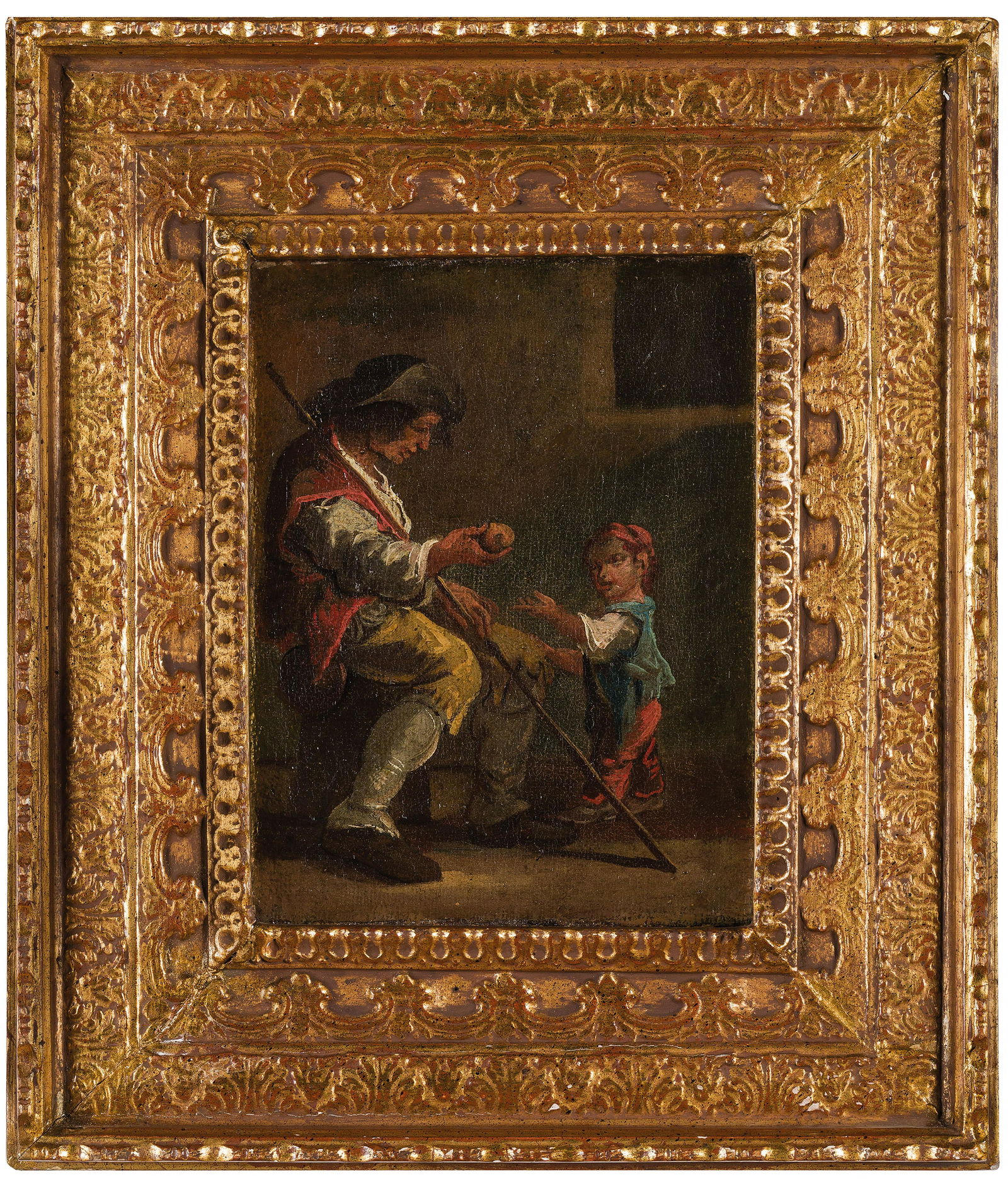 FRANCESCO LONDONIO (attr. a): (Milano, 1723 - 1783) Ritratto di pitocco con bambino Olio su tela, cm 26X20 Di bella conservazione e qualitÃ , la tela raffigura un mendicante con il figlio, mentre i caratteri di stile e scrittura