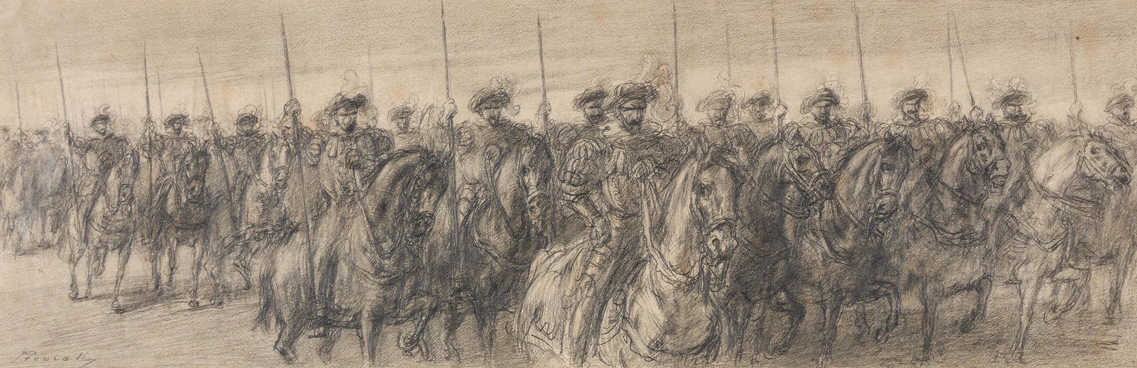 GAETANO PREVIATI: Ferrara, 1852 - Lavagna, 1920 I soldati spagnoli Firmato Previati in basso a sinistra Matita su carta, cm 15X46 Provenienza: Collezione Eredi Domenico Morelli