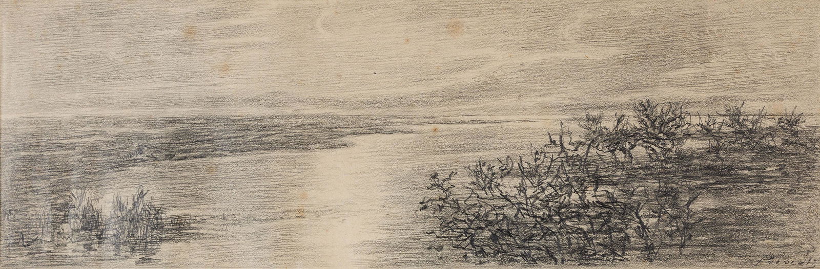 GAETANO PREVIATI: Ferrara, 1852 - Lavagna, 1920 Quel ramo del Lago di Como Firmato Previati in basso a destra Matita su carta, cm 14X44 Provenienza: Collezione Eredi Domenico Morelli