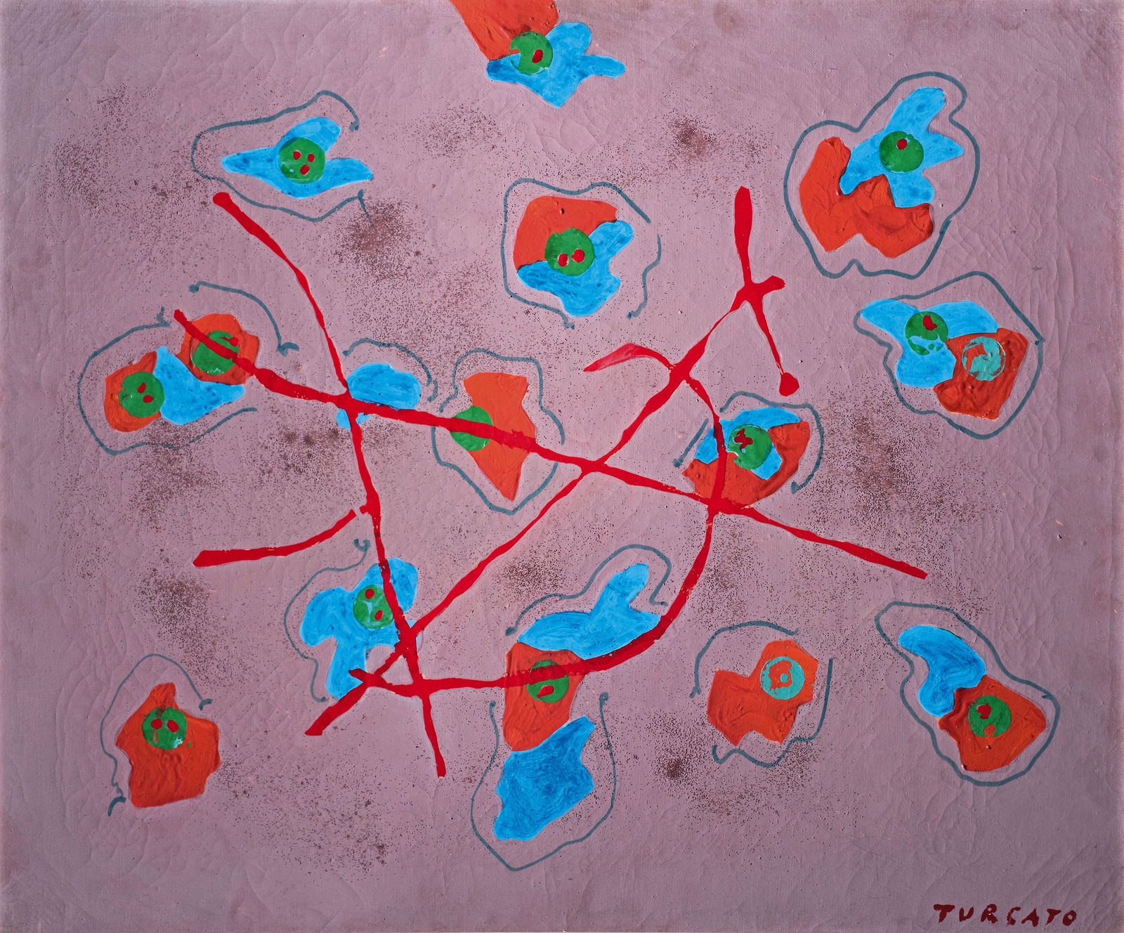 GIULIO TURCATO: Mantova 1912 - Roma 1995 Composizione con timbri, 1964-66 Olio, smalto e tecnica mista su tela, cm 50 x 60 Firmato in basso a destra Autentica su fotografia dell'Archivio Turcato, n ME221024EP02WA