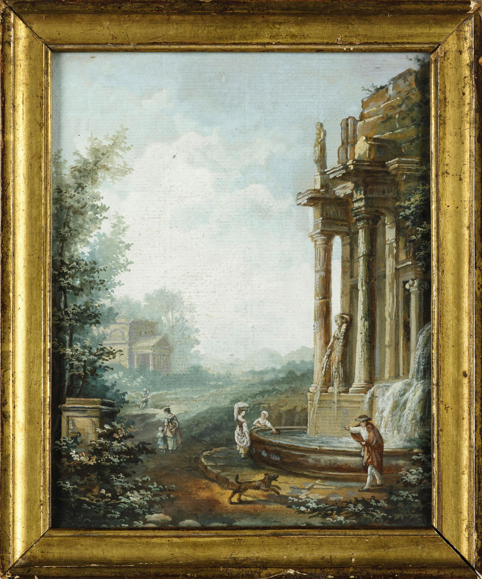 PITTORE FRANCESE DEL XVIII-XIX SECOLO: Paesaggio con fontana Tempera su carta, cm 18X13 Scena di cortile Tempera su carta, cm 10X16 (2)