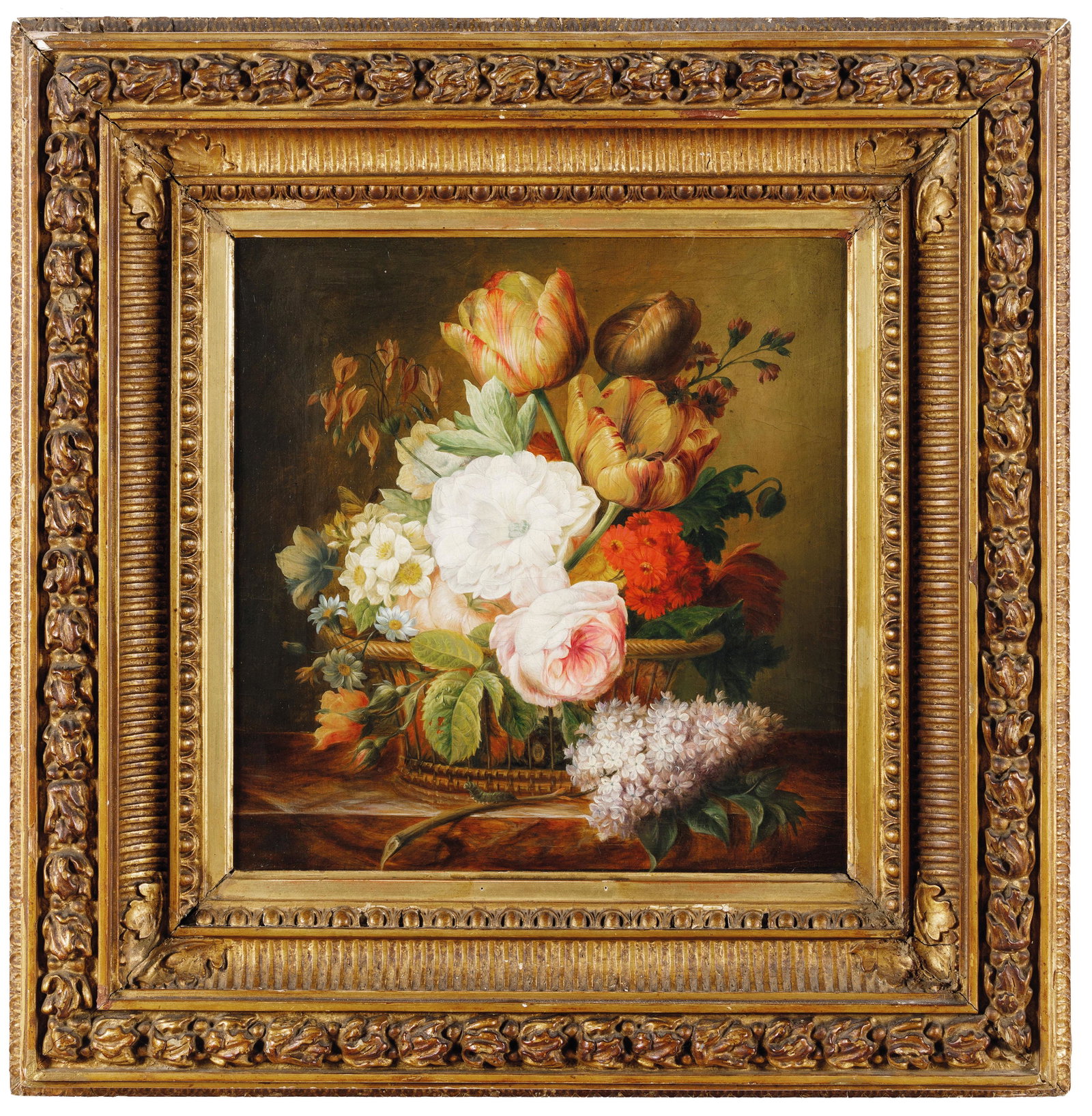 PITTORE DEL XIX SECOLO: Cesto di vimini con fiori su un piano di marmo Olio su tela, cm 35X34
