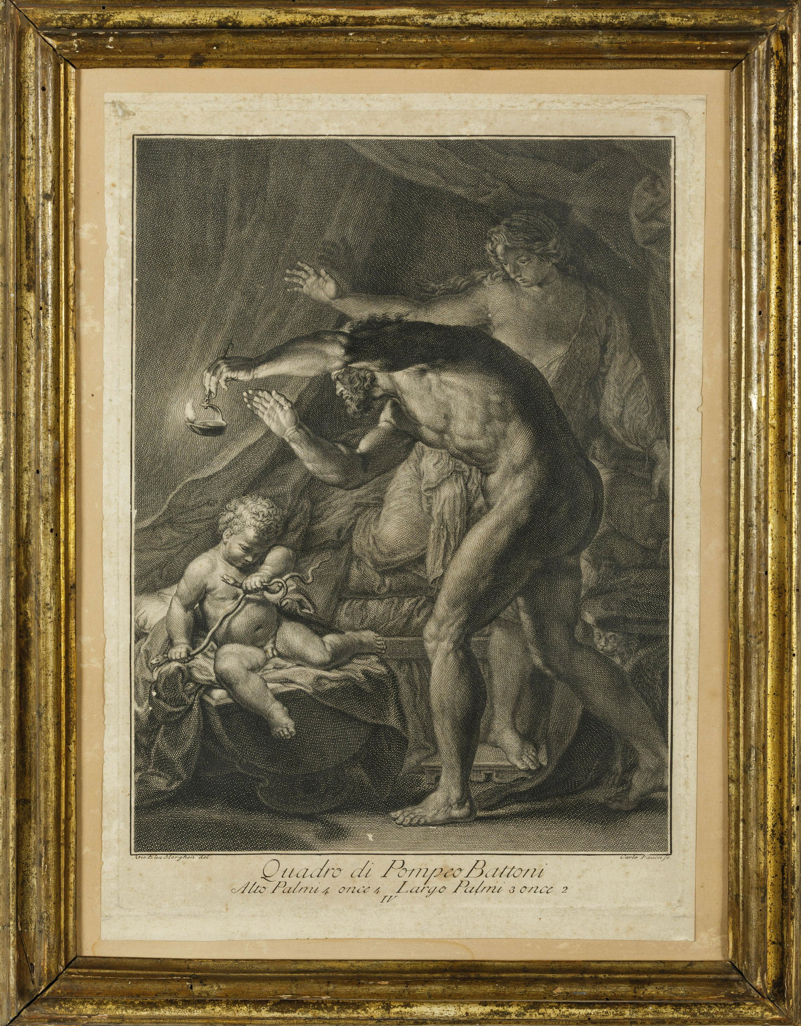 COPPIA DI INCISIONI, XVIII-XIX SECOLO: da Pompeo Batoni e raffiguranti scene mitologiche diverse, in cornice antica dorata a mecca e sotto vetro; usure, piegature, tracce di sporco e macchie di umidità, ondulazioni cm 41X30 Le cornici