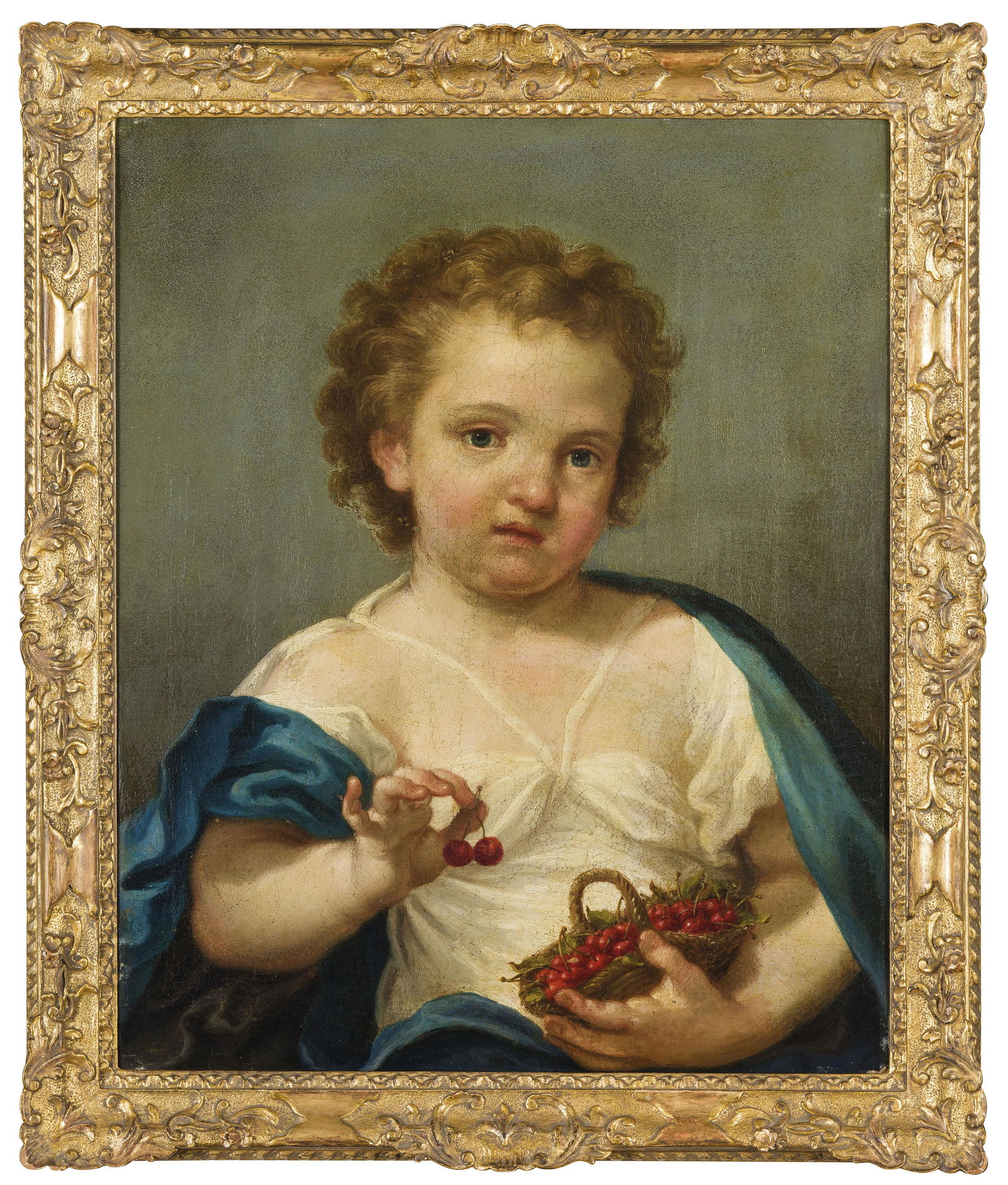 GIUSEPPE ANGELI: (Venezia 1712 - 1798) Ritratto di bambina con ciliegie Olio su tela, cm 47X36,5 L'autore di questo dipinto si puì identificare in Giuseppe Angeli, il più dotato fra gli allievi di Giovanni B