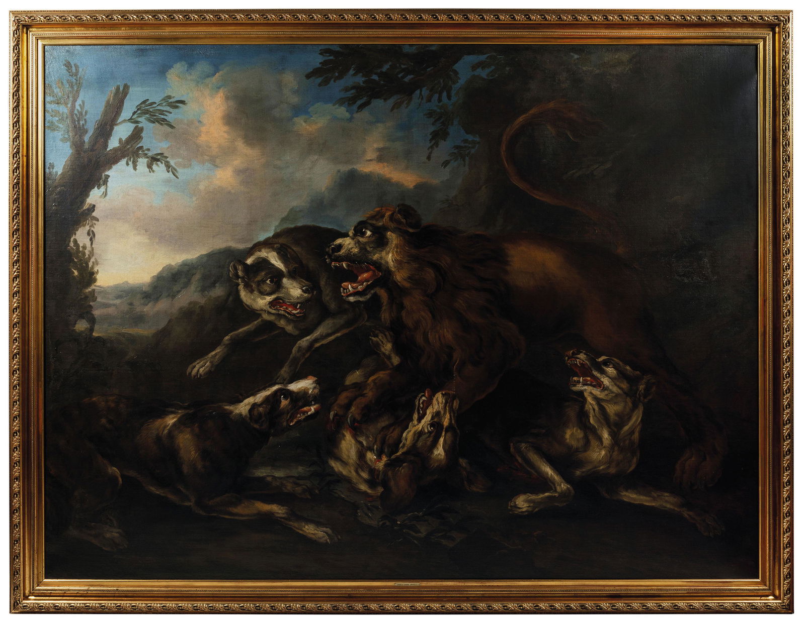 ANGELO MARIA CRIVELLI detto CRIVELLONE: (attivo a Milano tra il 1690 e il 1730) Caccia al leone Olio su tela, cm 165X220 Attivo a Milano come pittore di genere e documentato dal 1662 al 1730, Crivelli si specializzì nella rappresentazi