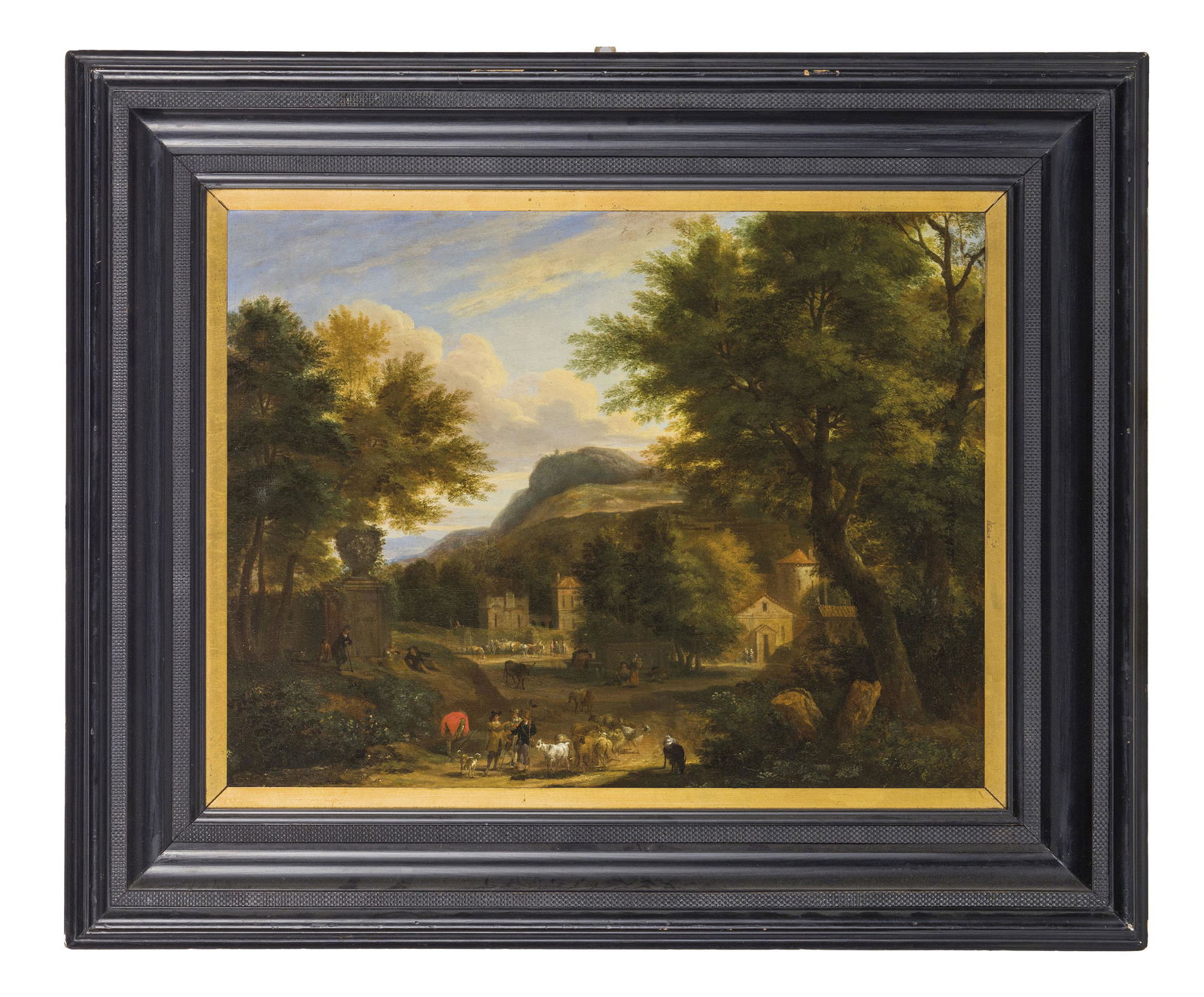ISAAC DE MOUCHERON (attr. a): (Amsterdam, 1667 o 1670 - 1744) Paesaggio italianizzante con pastori e case sullo sfondo Olio su tela, cm 57X75 Di squisito gusto italianizzante, l'esecuzione di questa tela dovrebbe collocarsi tra il