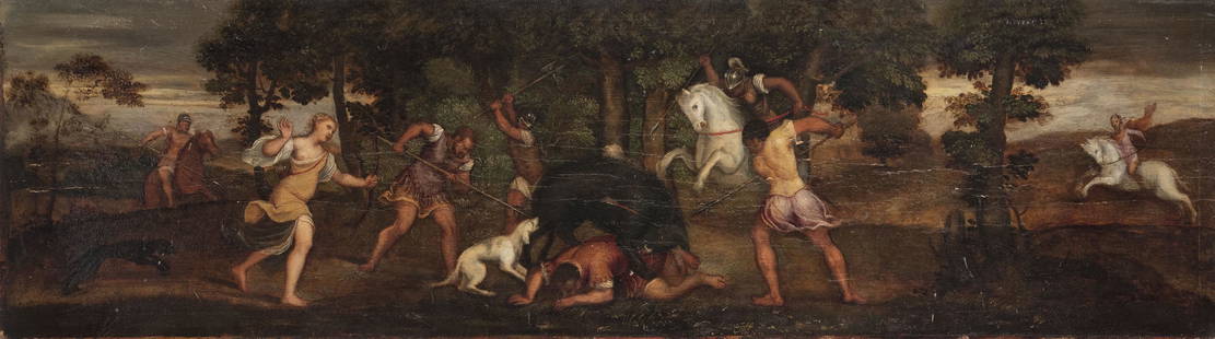 PARIS BORDONE: (Treviso, 1500 - Venezia, 1571) Caccia al cinghiale di Caledonio Olio su tavola, cm 31X110 Provenienza: Roma, Galleria Bonatti (1948) New York, Galleria Wildenstein & C. (1952) Milano, Finarte, 16-25