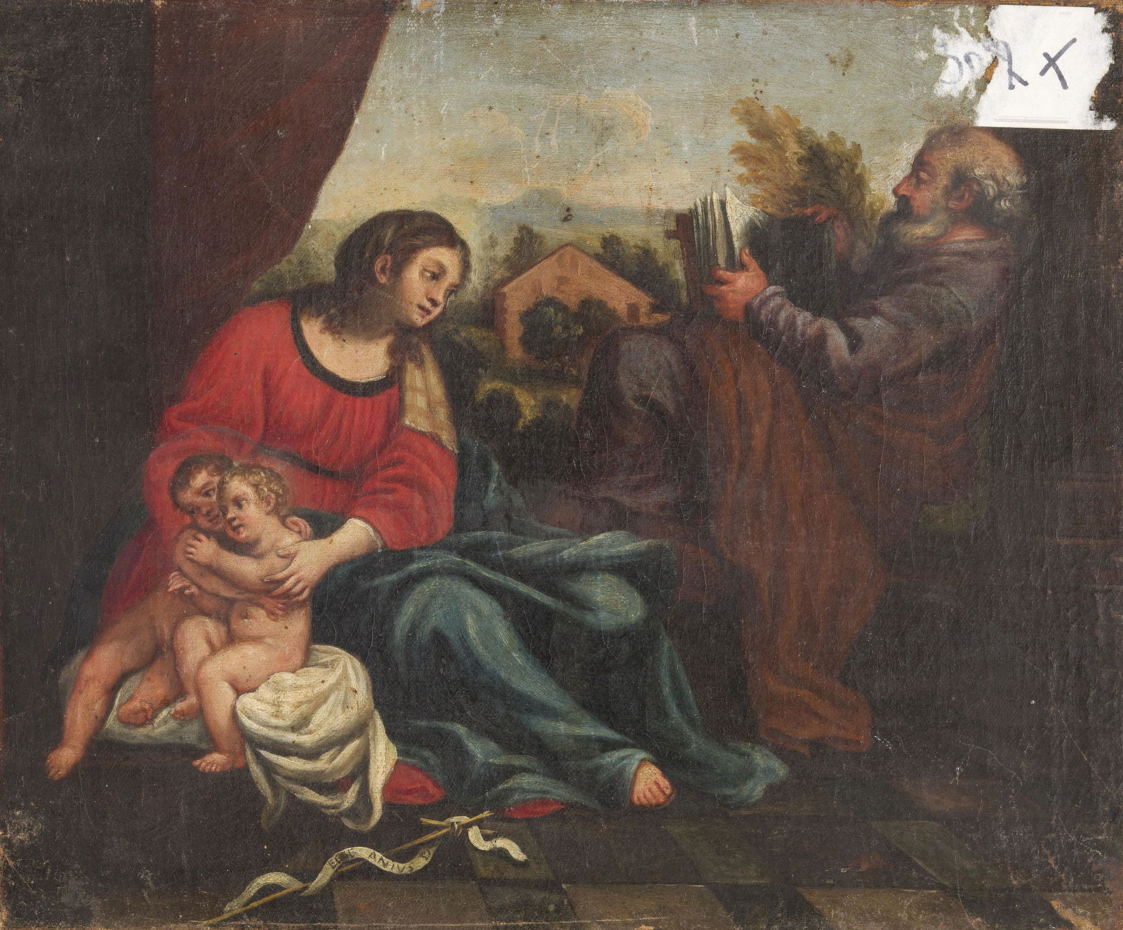 PITTORE EMILIANO DEL XVII - XVIII SECOLO: Riposo nella fuga in Egitto Olio su tela applicato su tavola, cm 22X26 Riferito già a Lucio Massari, questo delicato Riposo nella fuga in Egitto si riferisce a un autore di scuola emiliana e atti