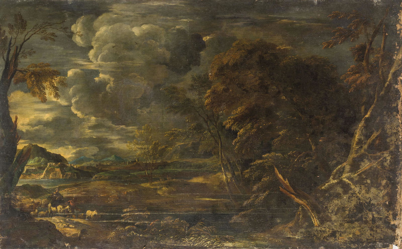 CRESCENZIO ONOFRI: (Roma, 1632 - Firenze, 1712) Paesaggio con viandanti, lago e borgo sullo sfondo Olio su tela, cm 123X198 Secondo il biografo settecentesco Leone Pascoli, Crescenzo Onofri fu allievo diretto di Gaspard