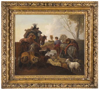 SEBASTIEN BOURDON (cerchia di): (Montpellier, 1616 - Parigi, 1671) Scena pastorale Olio su tela, cm 36X39